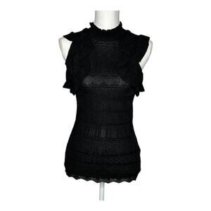 Ronny Kobo Black Open Knit Ruffle Sleeveless Sweater Top Small